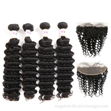 Free Shipping 8A Grade Silk Virgin Brazilian Deep Wave Hair Top Closure 13X4 front lace  With Bundles Sale